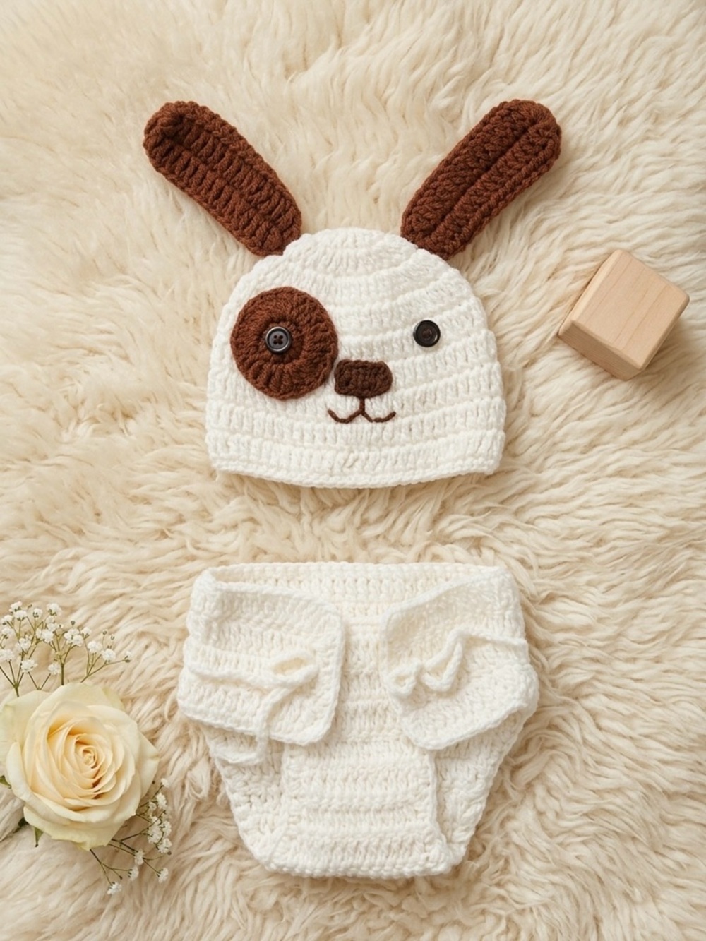 Adorable Cream and Brown Puppy Knit Hat and Diaper Cover Set PhotographyProp NB
